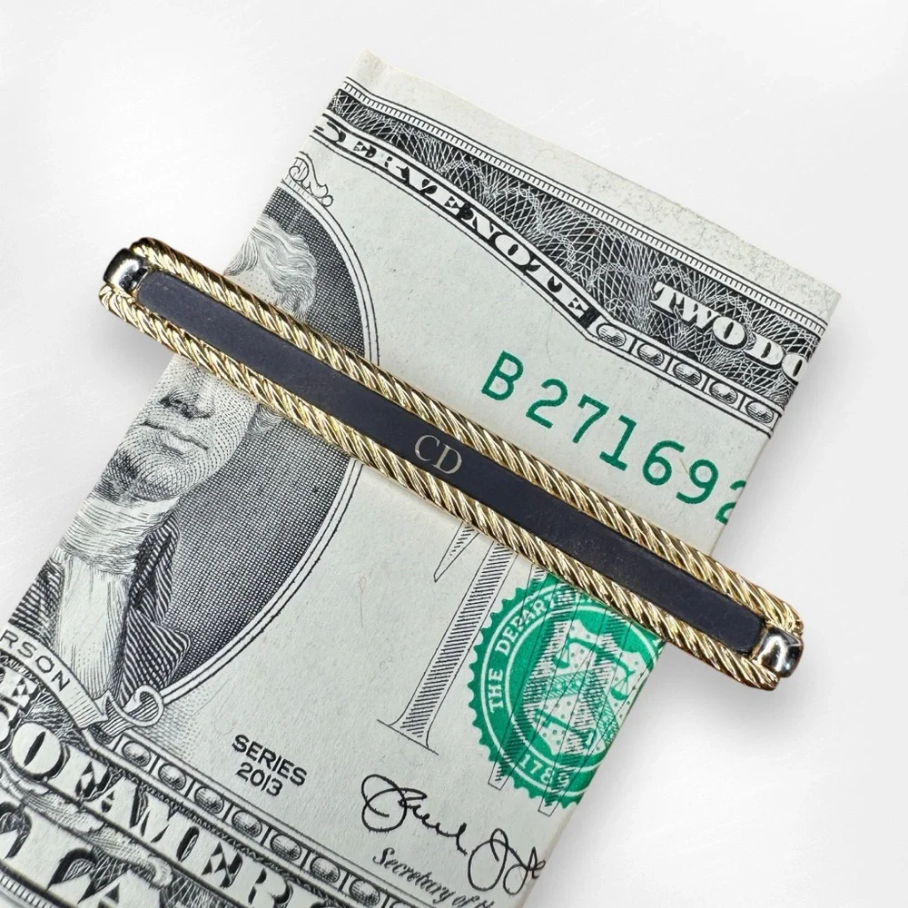Christian Dior Vintage Cufflinks and Tie Bar / Money Clip Gold Silver & Black - Picture 10 of 14